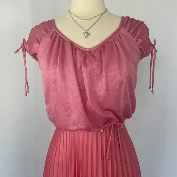 Vintage Formal Dress Size Small Pink Accordion Pleated Maxi Prom Bridesmaid 80s - Picture 2 of 16